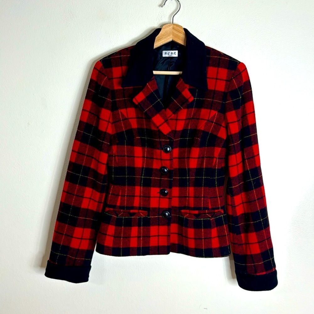 BCBG Paris Women's Plaid Wool Blend Blazer Red Black Small